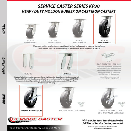 Service Caster 8 Inch Kingpinless Rubber on Steel Wheel Swivel Caster Set with Brakes SCC SCC-KP30S820-RSR-SLB-4